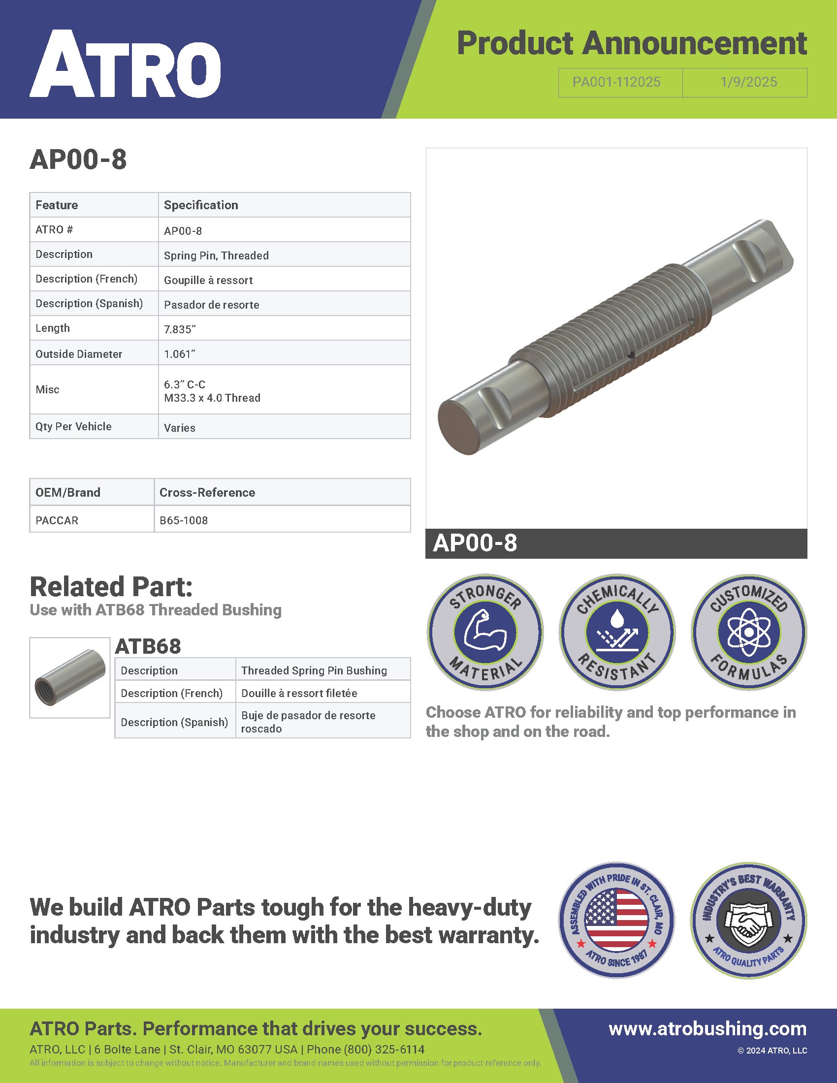 AP00-8 Spring Pin, Threaded PA001-010925