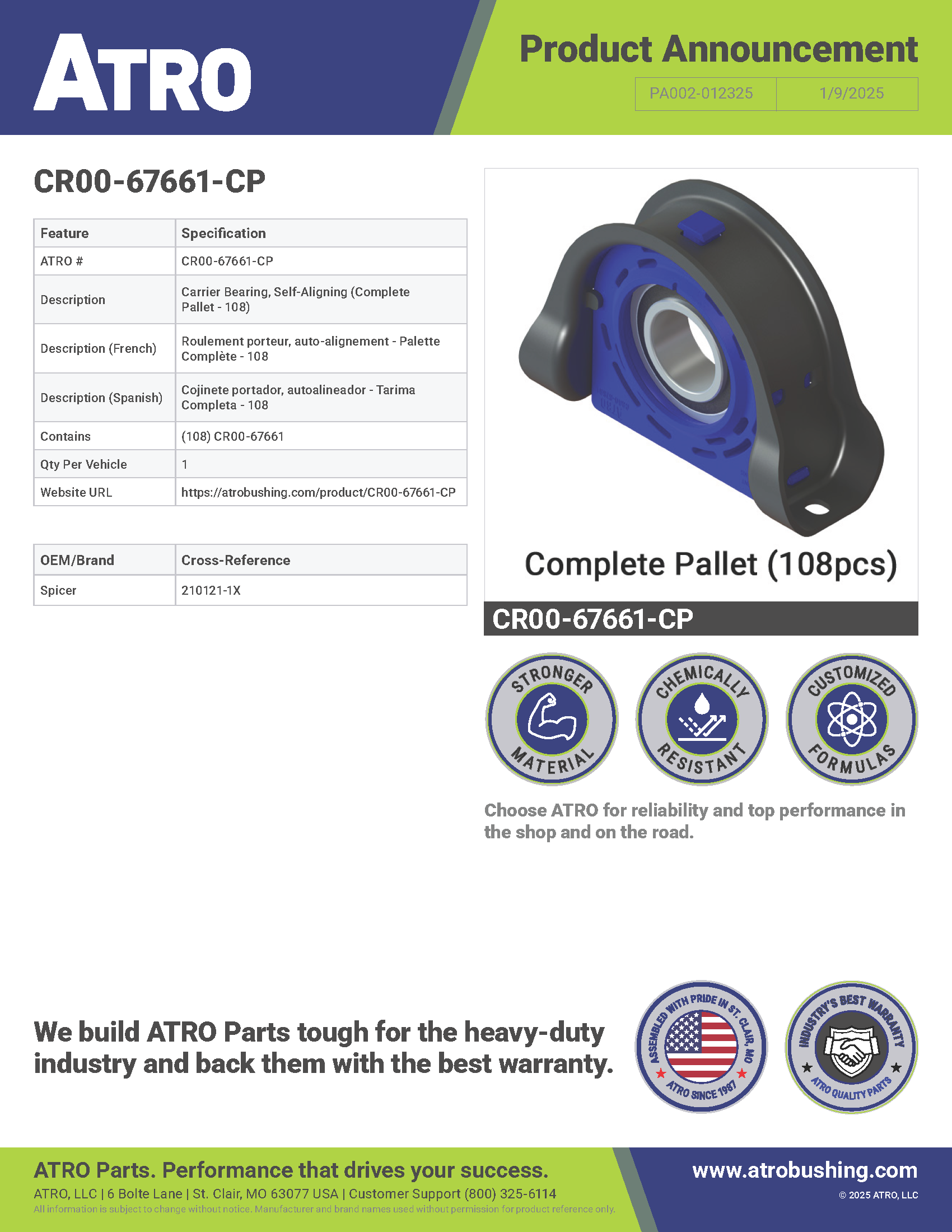 PA002-012325 CR00-67661-CP Carrier Bearing, Self-Aligning (Complete  Pallet - 108)