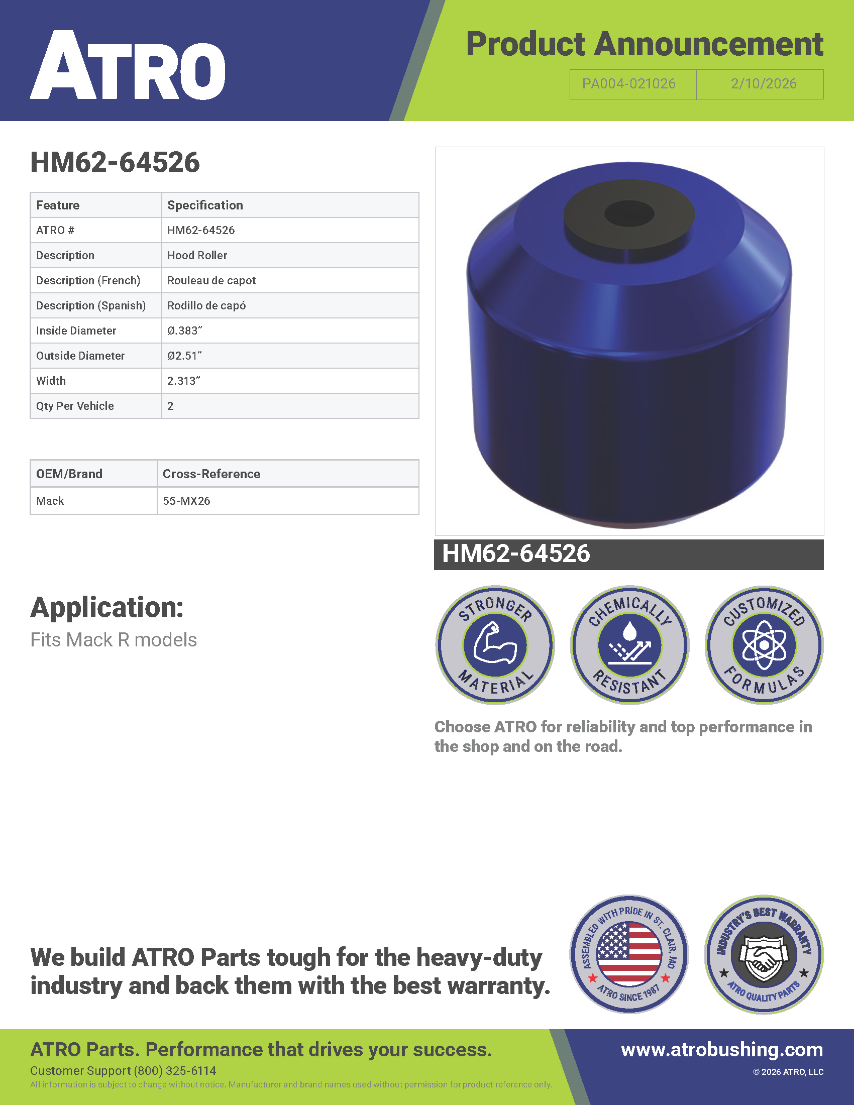 HM62-64526 Hood Roller PA004-021026