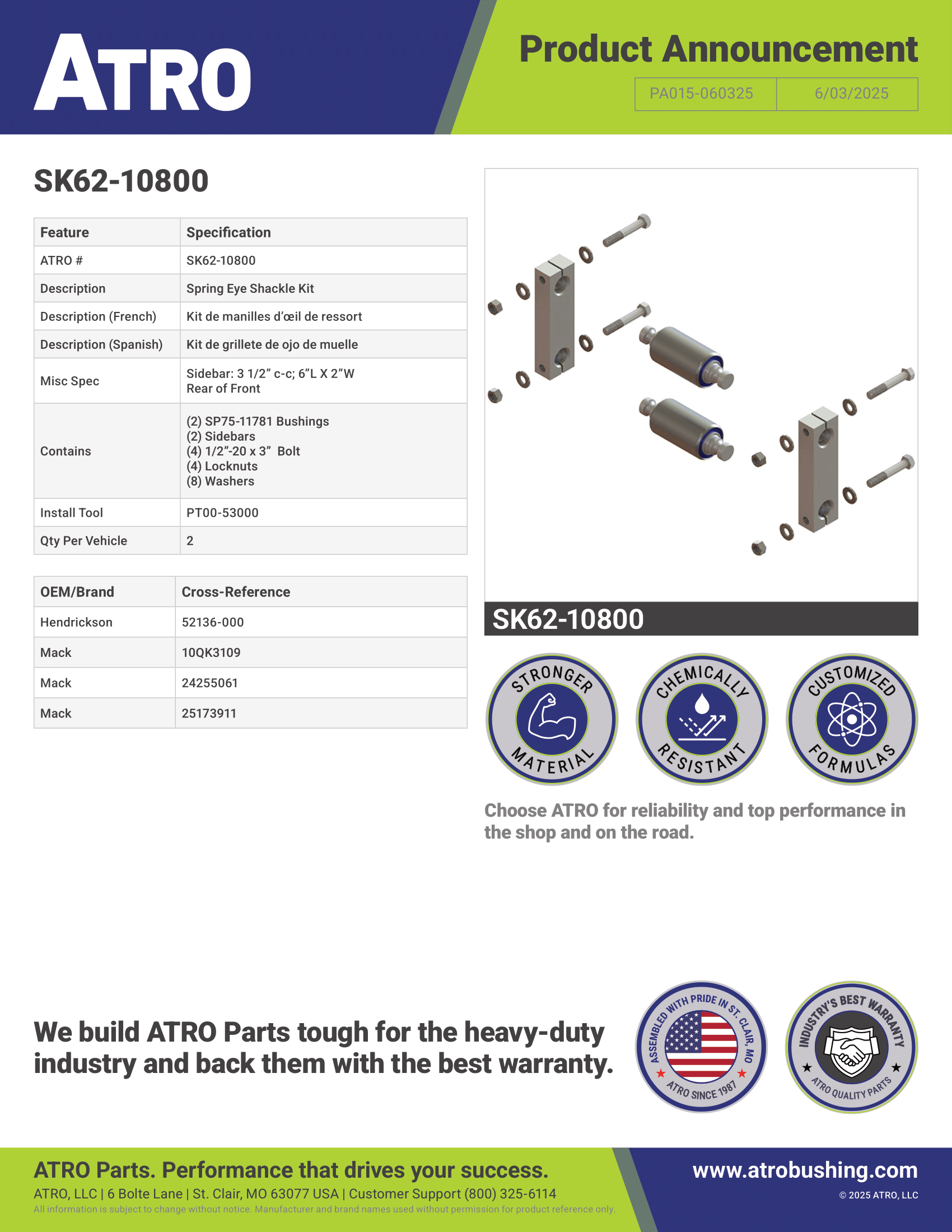 PA015-060325 SK62-10800 Spring Eye Shackle Kit
