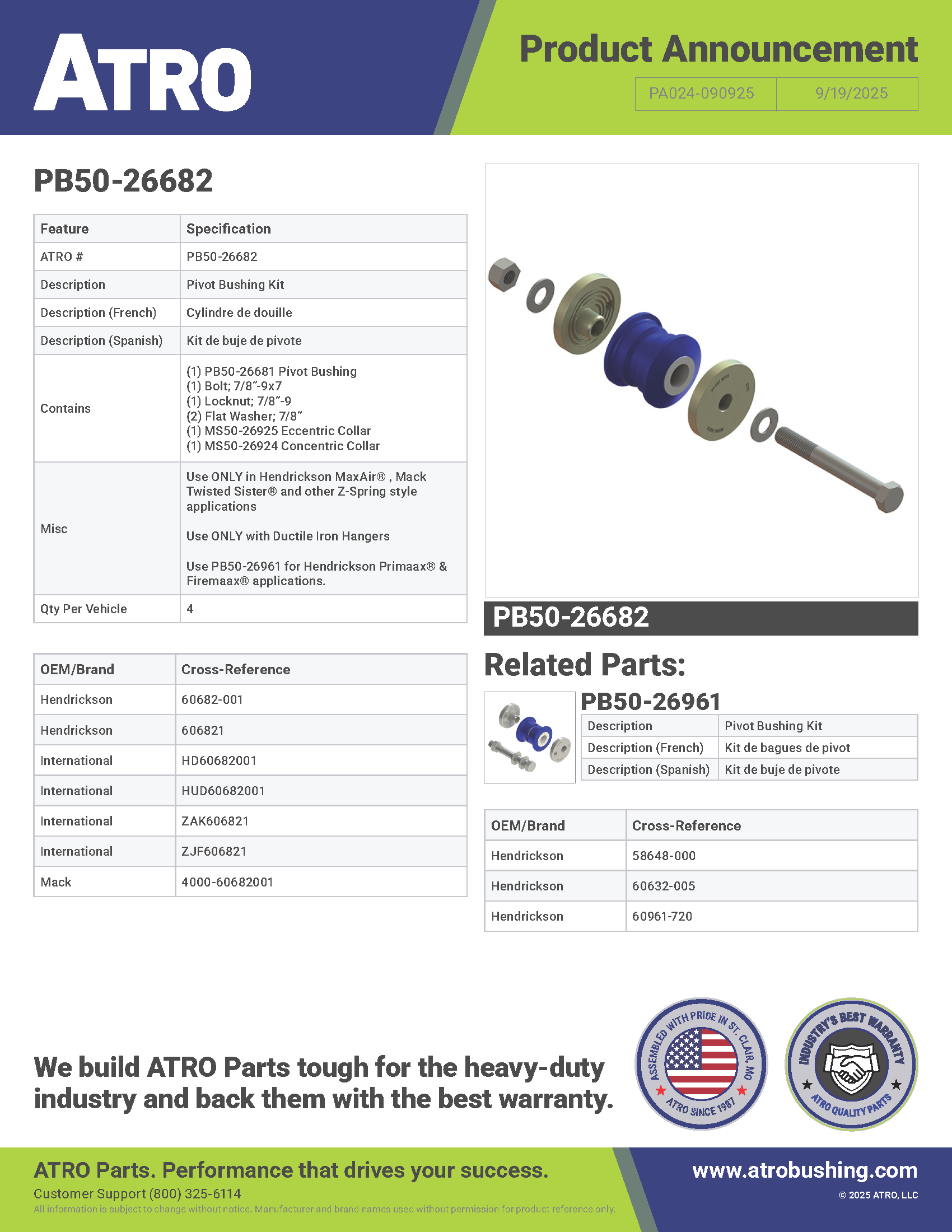 PA024-090925 PB50-26682 Pivot Bushing Kit
