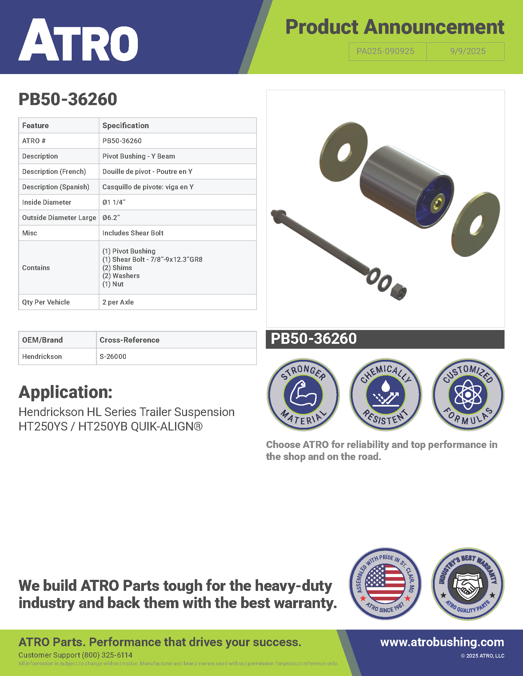 PA025-090925 PB50-36260 Pivot Bushing - Y Beam